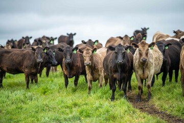 Stud Angus, wagyu, Murray grey, Dairy and beef Cows and Bulls grazing on grass and pasture in a...