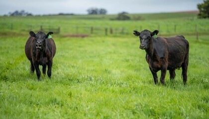 herd of Stud beef cows and bulls grazing on green grass in Australia, breeds include speckled park,...