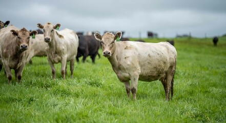 herd of Stud beef cows and bulls grazing on green grass in Australia, breeds include speckled park,...