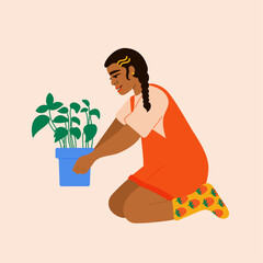 Illustration of young girl holding a plant