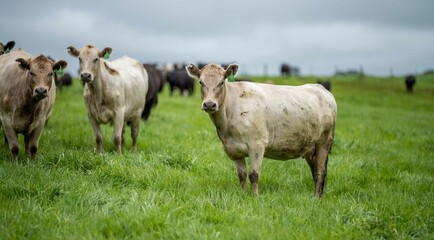 herd of Stud beef cows and bulls grazing on green grass in Australia, breeds include speckled park,...