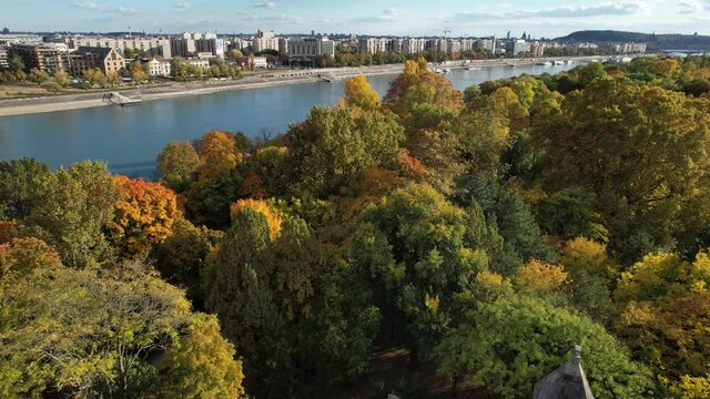 Flight above Margit island in Budapest Autumn 2021