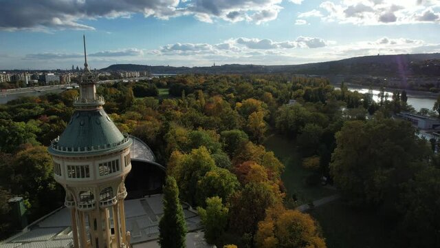 Flight above Margit island in Budapest Autumn 2021