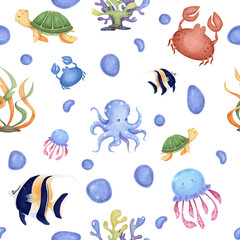 Seamless pattern with marine life: octopus, fish, jellyfish, crab, corals, algae. Digital...