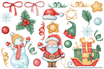 New Year's set with Christmas elements and characters: snowman, Santa Claus, snowflake, ball,...