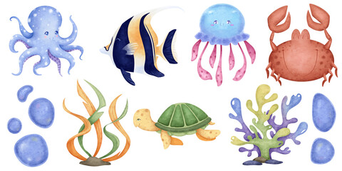 Marine set of underwater inhabitants: turtle, crab, octopus, fish, jellyfish, algae, corals. Drawn in a cute cartoon style. Suitable for children's clothing, books, stickers, etc.