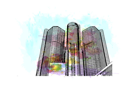 Building view with landmark of  Detroit City is the city of United States.Watercolor splash with Hand drawn sketch illustration in vector.