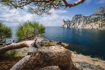 Scenic mountain Karaul-Oba nearby coastline of Black Sea. Structure formed by pre-historic corals. Shot near town Novyi Svit, Crimea