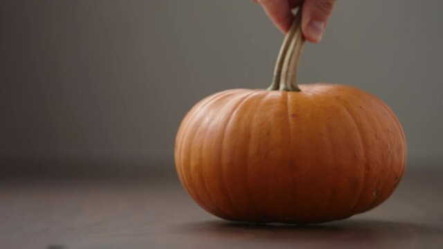 Slow motion man hand put small orange pumpkin on walnut table with copy space