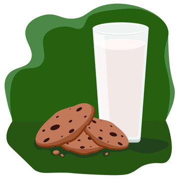 Cookies with chocolate chips and a glass of milk . oatmeal cookies with chocolate. Vector illustration on a green background