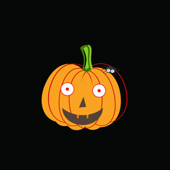 Happy Halloween party greeting card with scary pumpkin and spider.