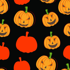 Happy Halloween party greeting card with scary pumpkin seamless pattern.