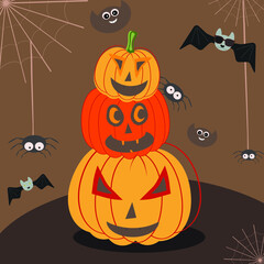 Happy Halloween party greeting card with cute vampire bat cat, owl, spider and pumpkins.