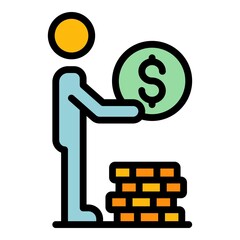 Man take money coin icon. Outline man take money coin vector icon color flat isolated