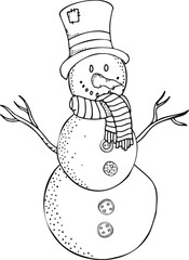 Cheerful snowman. Winter, snow, sled, carrot. Merry Christmas, Happy New Year. Black and white adult coloring book page. 