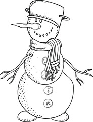 Cheerful snowman. Winter, snow, sled, carrot. Merry Christmas, Happy New Year. Black and white adult coloring book page. 