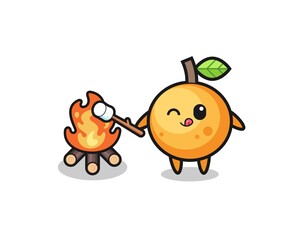 orange fruit character is burning marshmallow