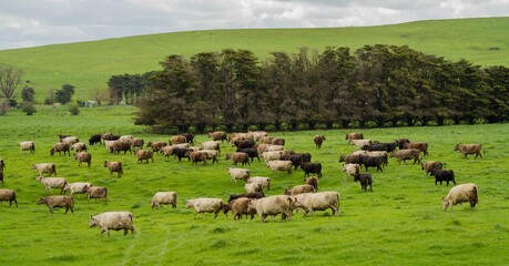 Herding and mustering Stud Angus, murray grey and Dairy cows Eating lush green grass in Australia