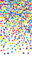 Falling letters of English language. Colorful flying words of Latin alphabet. Foreign languages study concept. Rare back to school banner on white background.