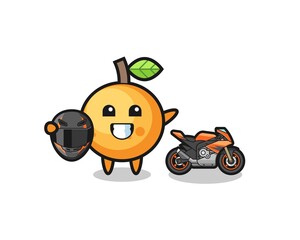 cute orange fruit cartoon as a motorcycle racer