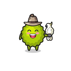 durian zookeeper mascot with a parrot