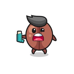 coffee bean mascot having asthma while holding the inhaler