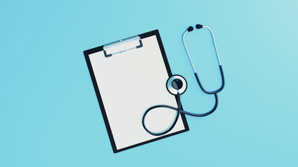 聴診器とクリップボードバインダー　青背景　医療　3DCG