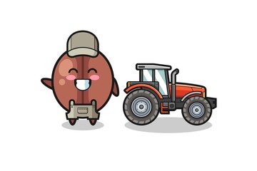 the coffee bean farmer mascot standing beside a tractor