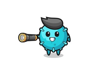 virus mascot holding flashlight