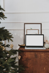 Front view of laptop computer with blank screen mockup copy space. Christmas tree decorated with golden toys in bright living room. Elegant Christmas template