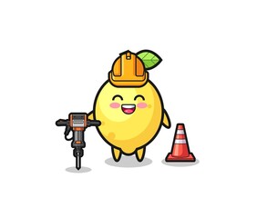 road worker mascot of lemon holding drill machine