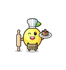 lemon as pastry chef mascot hold rolling pin