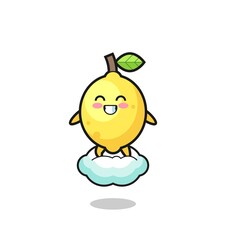 cute lemon illustration riding a floating cloud