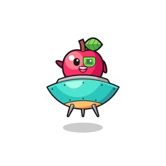 apple cartoon riding a future spaceship
