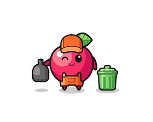 the mascot of cute apple as garbage collector