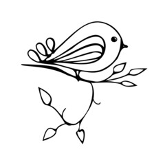 Stylized decorative bird on a branch, doodle illustration.