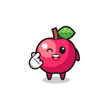 apple character doing Korean finger heart