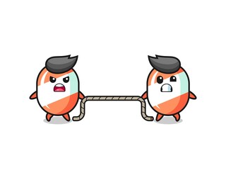 cute candy character is playing tug of war game