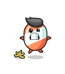 candy cartoon is slip on a banana peel