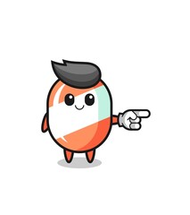candy mascot with pointing right gesture