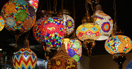 Colorful Turkish lamps from glass mosaic glowing