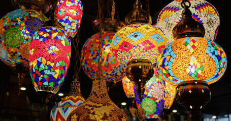 Colorful Turkish lamps from glass mosaic glowing