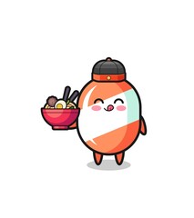 candy as Chinese chef mascot holding a noodle bowl
