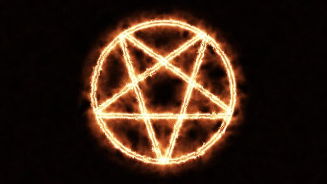 Neon mystic symbol. Pentagrams in a circle on a black background. The five-pointed star or symbol of the occult.