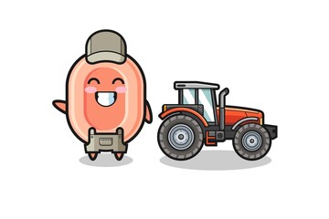 the soap farmer mascot standing beside a tractor