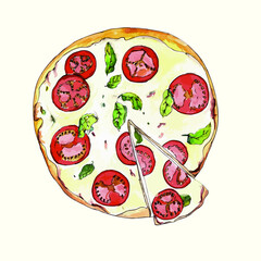 Fresh pizza with tomatoes, cheese, olives, onions, basil. Traditional Italian fast food. Food from the top. European appetizer. Watercolor hand drawn, translated into EPS10 vector illustration. 
