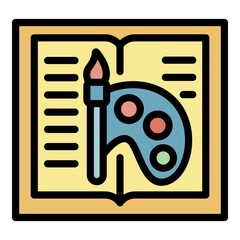 Paint and brush open book icon. Outline paint and brush open book vector icon color flat isolated