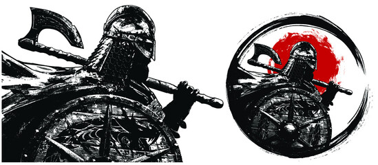 A brutal Viking with a shield and a large axe stands proudly in profile in the wind, wearing a helmet with scales, circled in a blot circle, against the background of the red sun. 2d illustration - 464796588