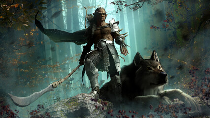 A brutal elf huntsman with a glaive stands proudly on a hill, and looks menacingly ahead, a huge wolf is sitting at his feet. Against the background of a dense forest with falling leaves 3d rendering