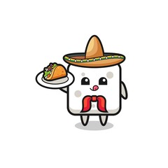 sugar cube Mexican chef mascot holding a taco